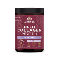 Ancient Nutrition Multi Collagen Brain Boost tub beside glass for skin support