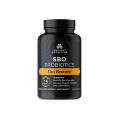 Ancient Nutrition SBO Gut Restore bottle promoting gut health and immune support.