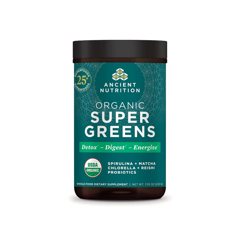 Ancient Nutrition Super Greens tub front label showing organic ingredients and daily greens support