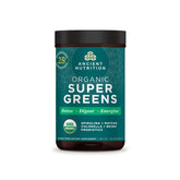 Ancient Nutrition Super Greens tub front label showing organic ingredients and daily greens support
