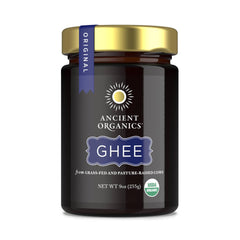 Ancient Organics Ghee bottle close-up showing grass-fed clarity for sautéing