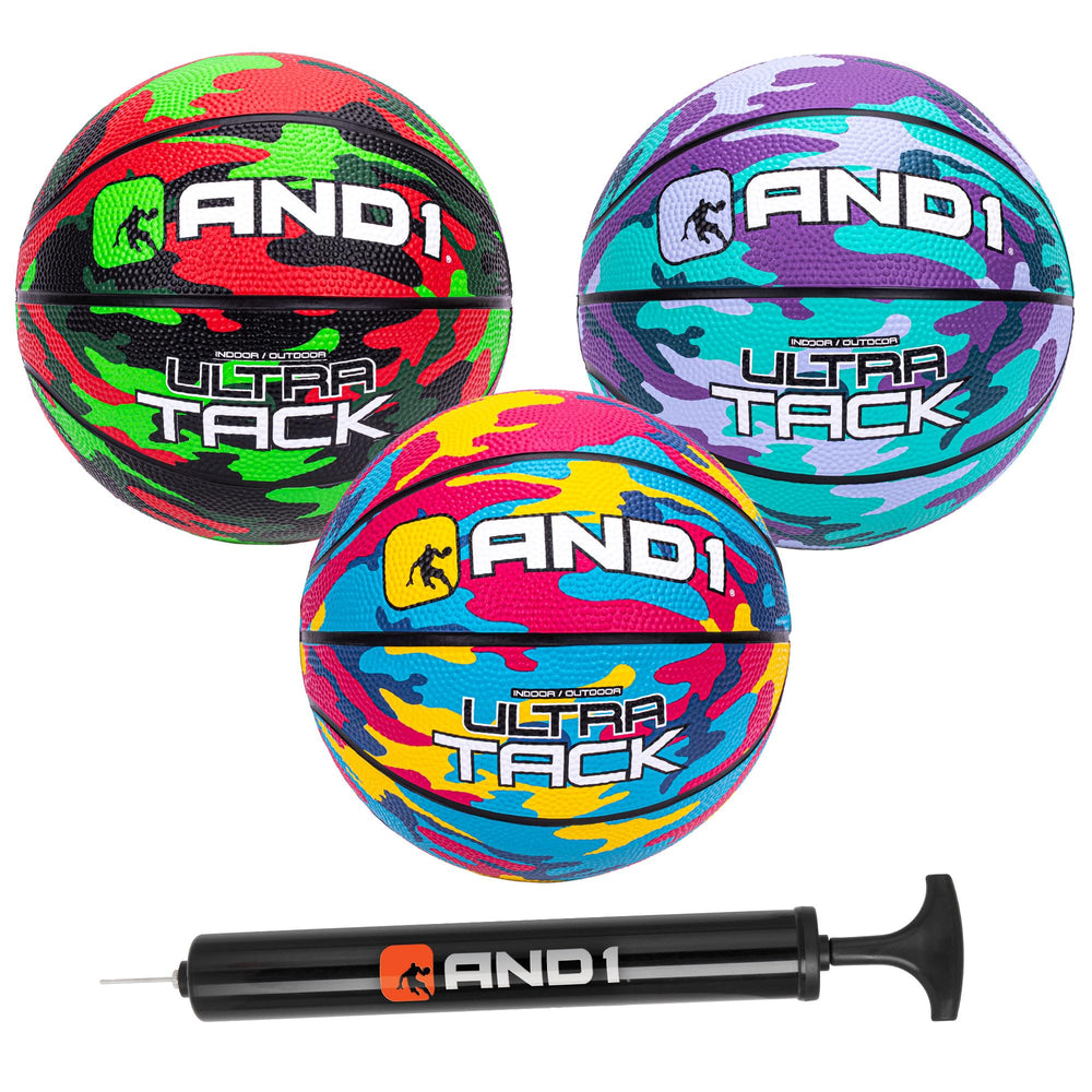AND1 mini basketball set pack shot showing three balls for versatile indoor or outdoor play.