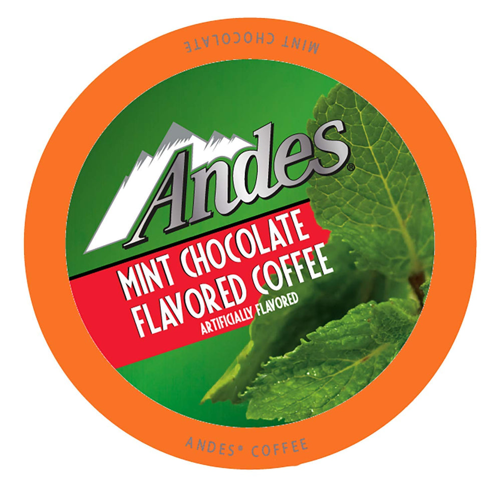 Andes Mints coffee pods box front highlighting indulgent flavor for home brewing.