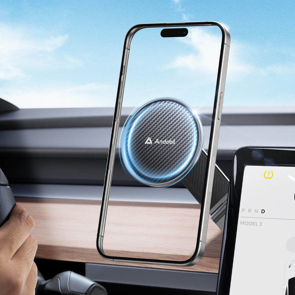 andobil upgrade tesla phone mount with strong magnets securing iPhone on the road