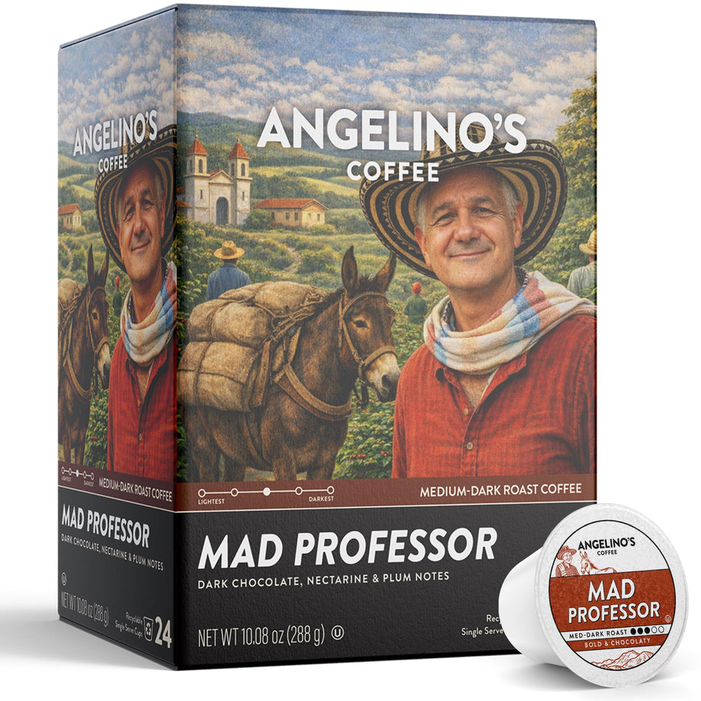 Angelino's Mad Professor pods close-up revealing the medium-dark roast notes.