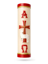 Angelitos de Mexico Paschal red candle with Alpha and Omega cross for Easter ceremonies.