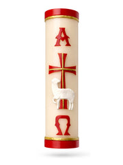 Angelitos de Mexico Paschal red candle with Alpha and Omega cross for Easter ceremonies.