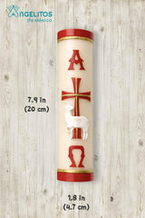 Close-up of cross detail on Angelitos de Mexico Paschal red candle.