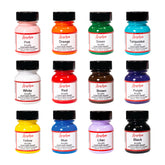 Angelus acrylic leather paint bottles show 12 colors for versatile color matching.