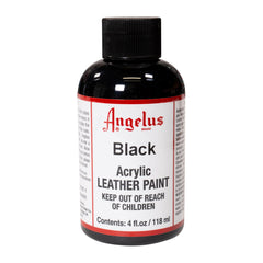 Angelus black acrylic leather paint bottle closeup for versatile restoration projects