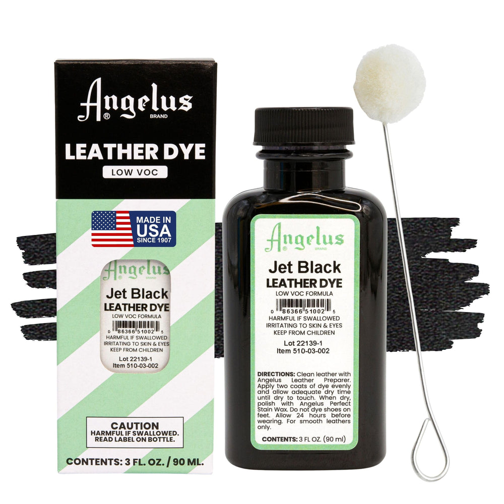 Angelus Leather Dye jet black bottle ready for deep, lasting color on leather