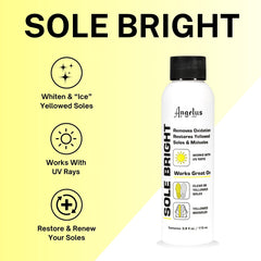 Angelus Sole Bright on sneakers shows before-after whitening of the soles.