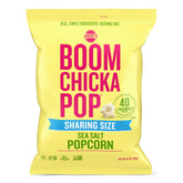 Angie's BOOMCHICKAPOP Sea Salt Popcorn bag ready for sharing at gatherings.