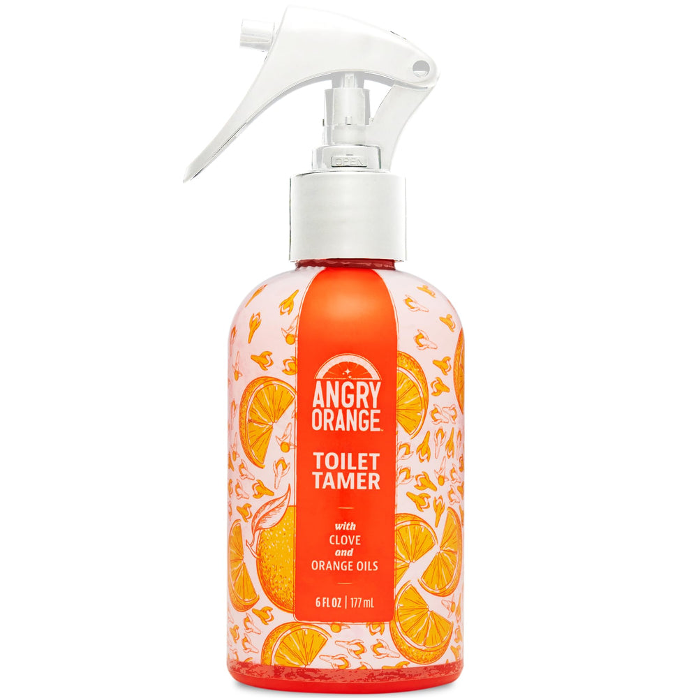 ANGRY ORANGE Toilet Tamer bottle front showing citrus scent for bathroom odor control