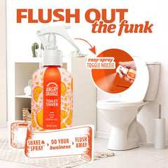 ANGRY ORANGE Toilet Tamer label detailing ingredients and USA-made quality