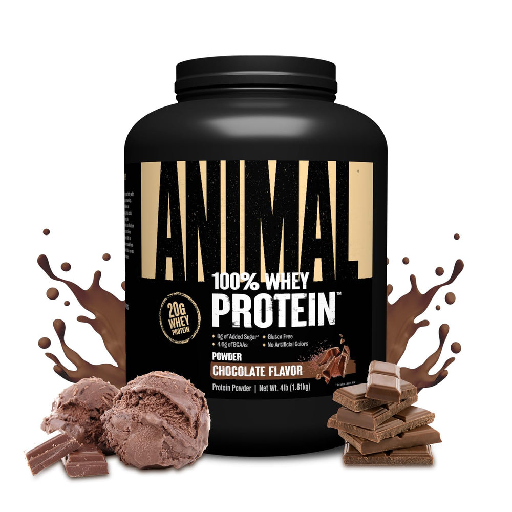 Animal 100% Whey bottle shown, convenient post-workout protein option.