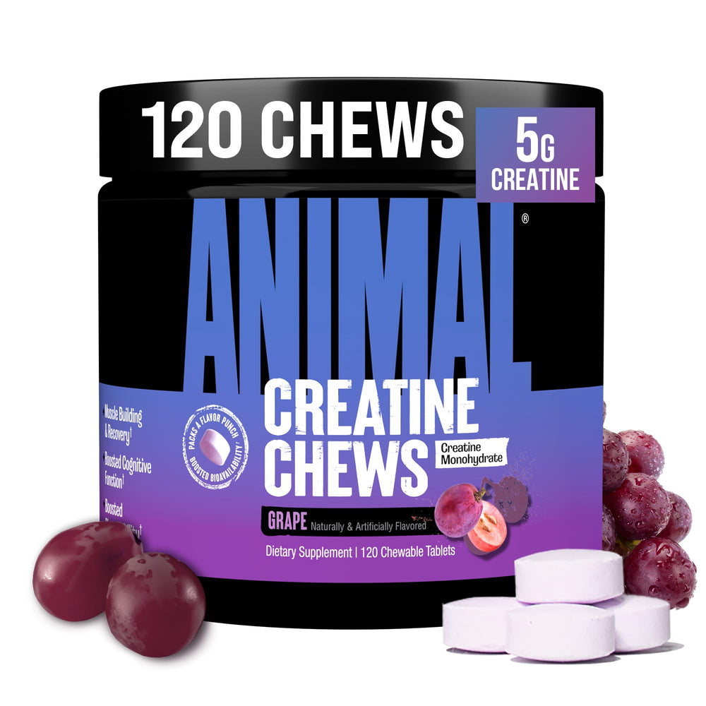 Animal Creatine Chews close-up tablet showing 5g strength support.