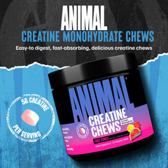 Animal Creatine Chews fruit-punch tablets close-up for pre- or post-workout use.