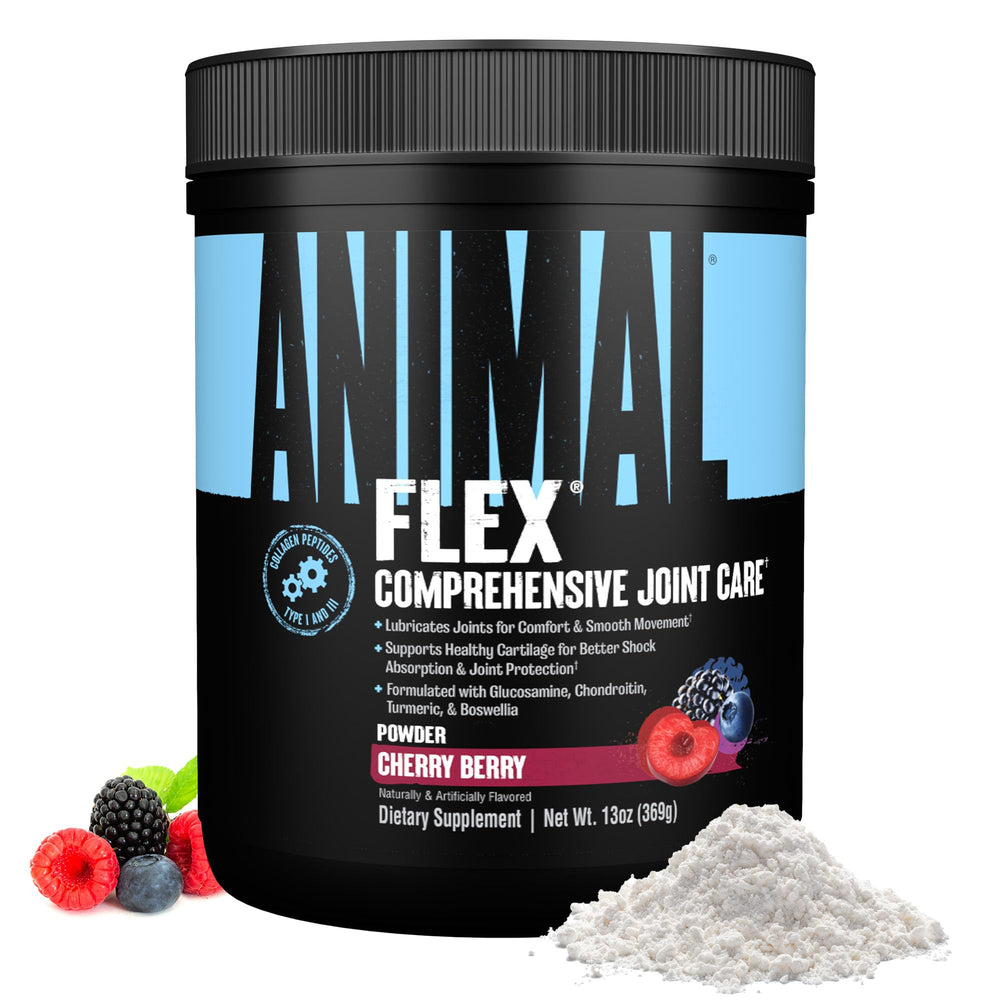 Animal Flex Powder tub with cherry flavor for daily joint support during workouts.