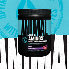 Animal Juiced Aminos tub label detailing the 6g BCAA and EAA matrix.