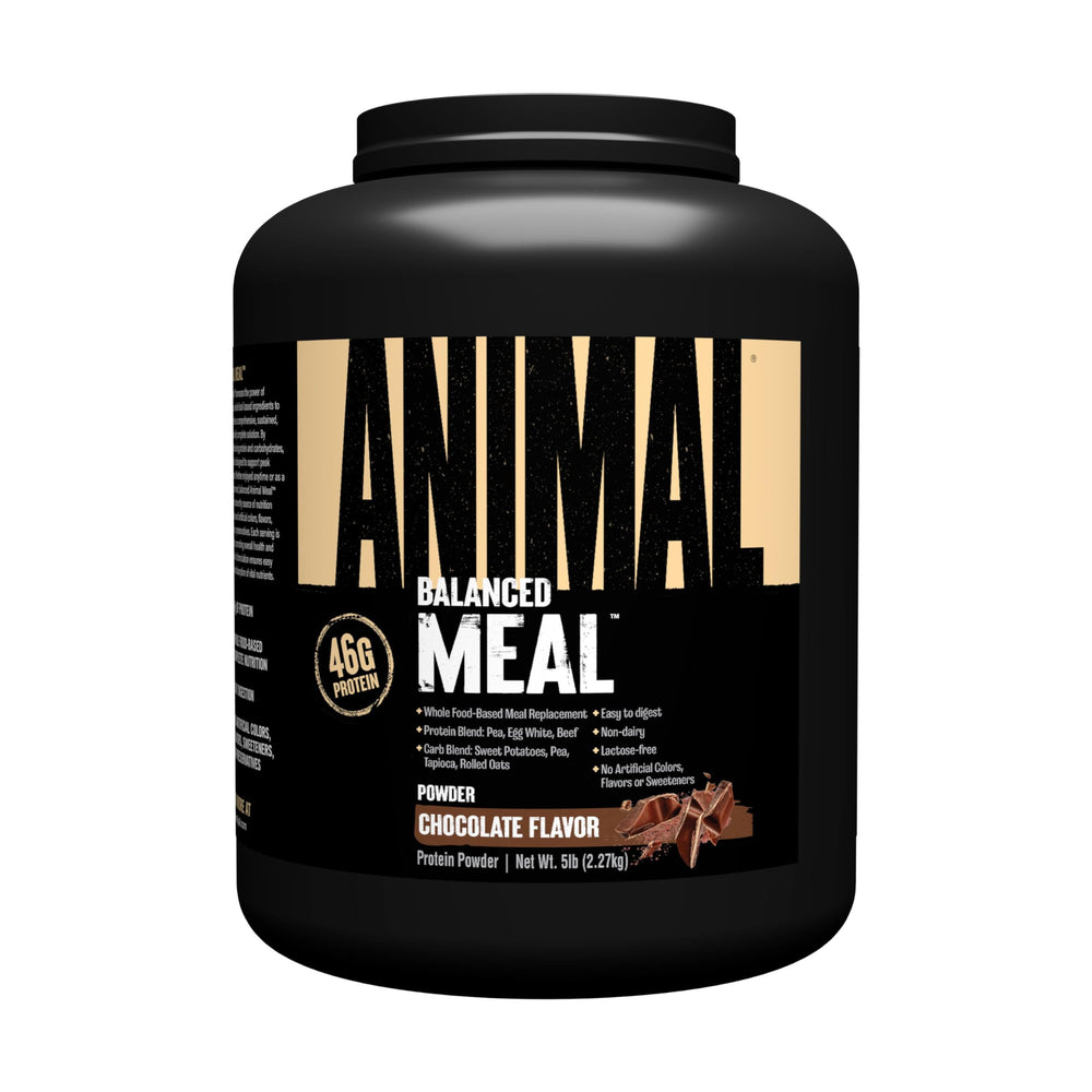 Animal Meal chocolate shake being poured into a glass for post-workout recovery.