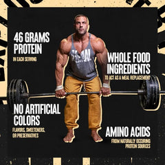 Animal Meal chocolate tub label shows high-quality nutrition.