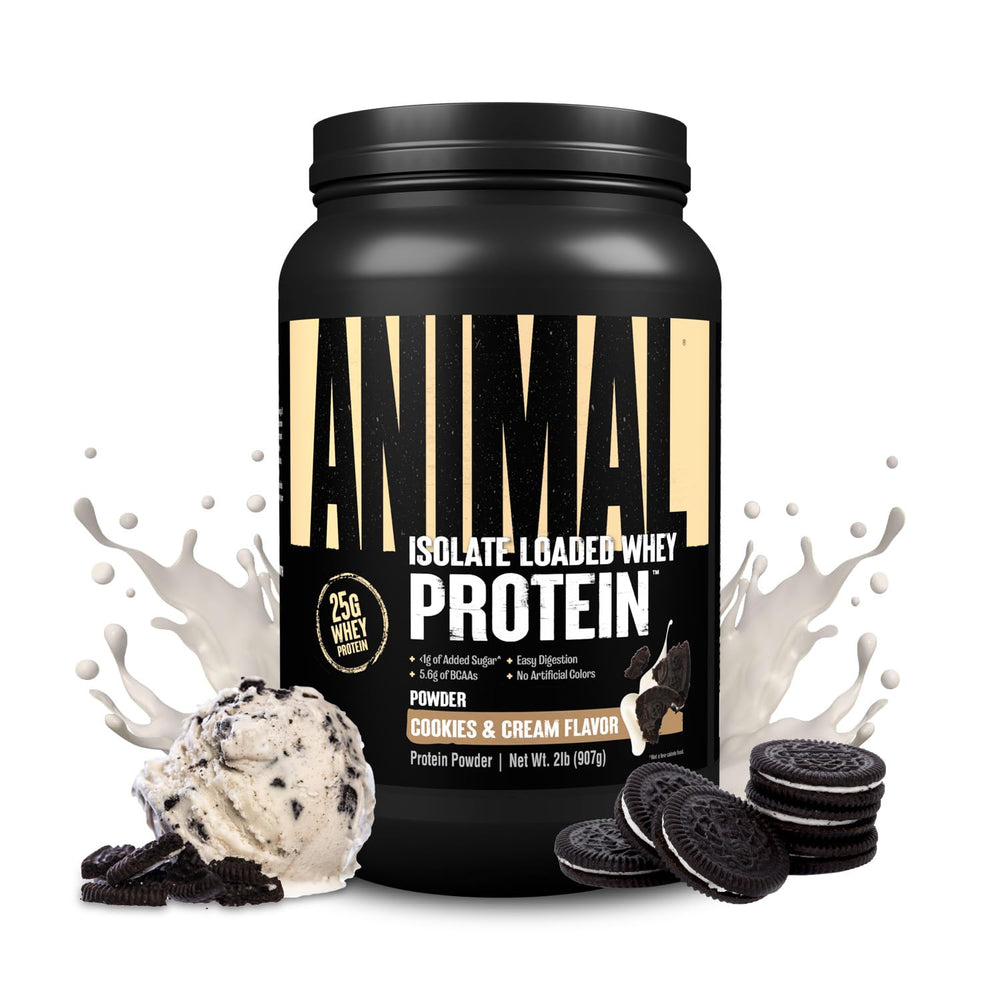 Animal Whey Isolate bottle front showing 25g protein per serving for strong starts.