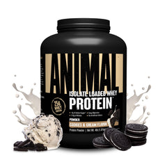 Animal Whey Isolate container shows 25 g protein per serving for muscle support.