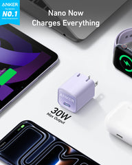 Anker Nano 30W charger side view, GaN design saves space