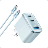 Anker Nano Charger 70W with 3 ports, blue-front view, power MacBook and iPhone on the go.