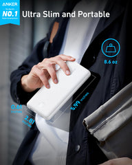 Anker Power Core 10K slim profile, compact travel companion for everyday charging.