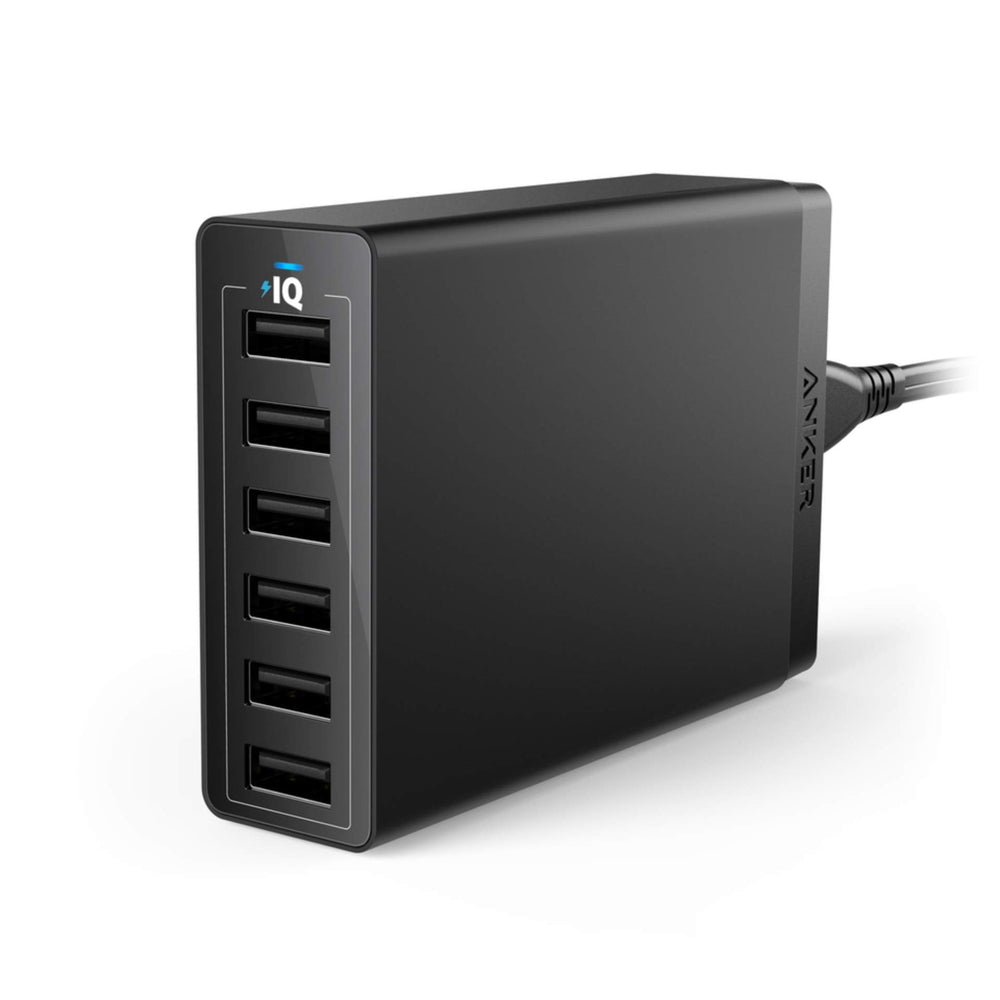Anker PowerPort 6 front view with six ports for fast multi-device charging.