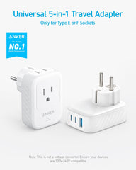 Anker 5-in-1 travel adapter ports with two USB-C and USB-A for versatile charging.