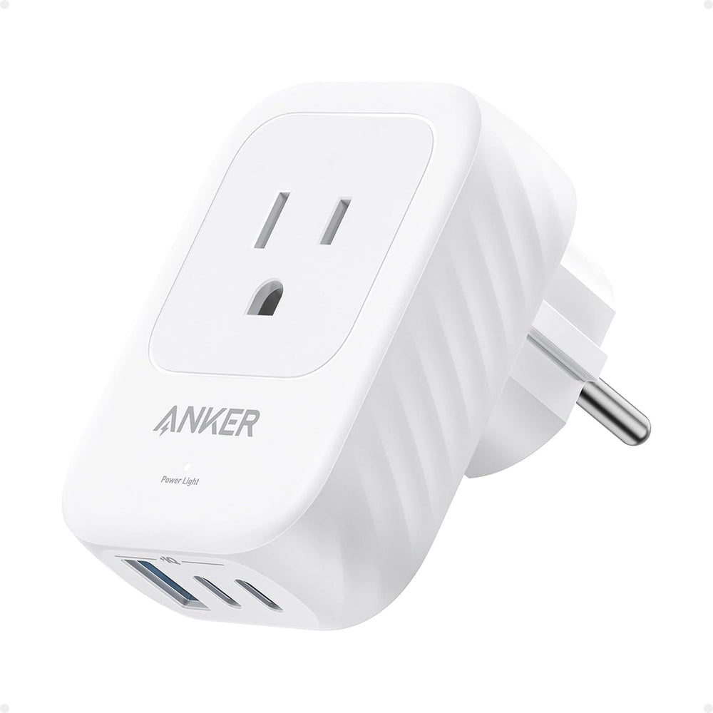 Anker travel adapter Type E/F compatibility for secure European outlet connections.