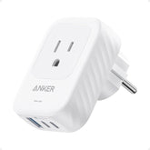 Anker travel adapter Type E/F compatibility for secure European outlet connections.