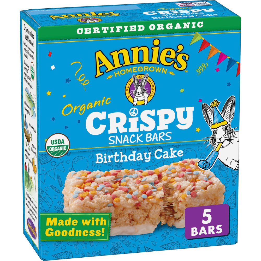 Annie's Birthday Cake Crispy Snack Bars box front shows gluten-free kid-friendly snacking.