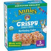Annie's Birthday Cake Crispy Snack Bars box front shows gluten-free kid-friendly snacking.
