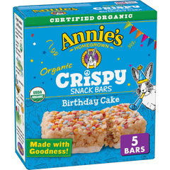 Annie's Birthday Cake Crispy Snack Bars box front shows gluten-free kid-friendly snacking.