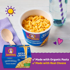 Annie's cheddar cheese sauce close-up emphasizes creamy, rich mac and cheese.