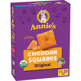 Annie's Organic Cheddar Squares box front shows real cheese for a kid-friendly snack.