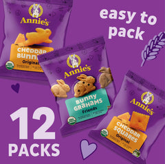 Annie's cheddar squares close-up showcases bite-sized cheddar bites for on-the-go