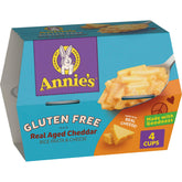 Annie's gluten free microwavable mac and cheese cup with real aged cheddar for quick meals.