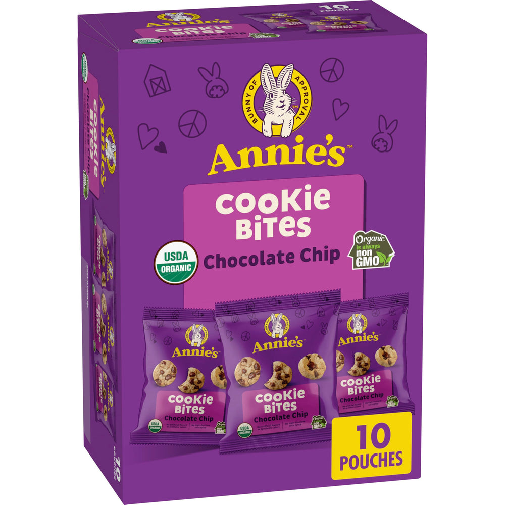 Annie's Homegrown Organic Chocolate Chip Cookie Bites box front, convenient packaging for lunches