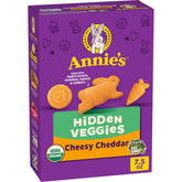 Annie's Organic Cheesy Cheddar Crackers with Hidden Veggies front box, ideal for on-the-go snacking.