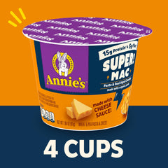 Annie's Super! Mac cheddar sauce packet in cup, ideal for fast weeknight meals.