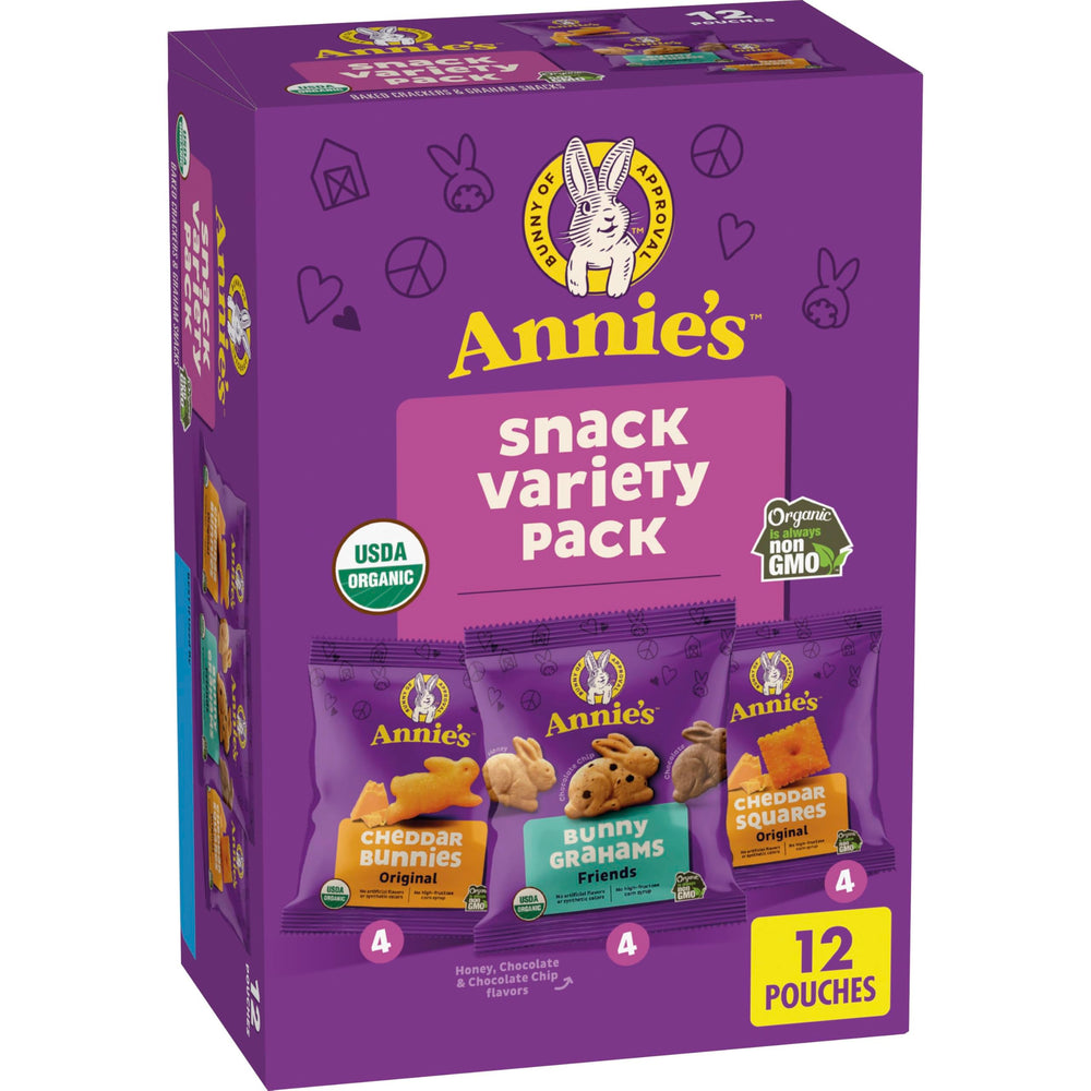 Annie's variety pack front packaging shows all three snacks for quick lunchbox planning