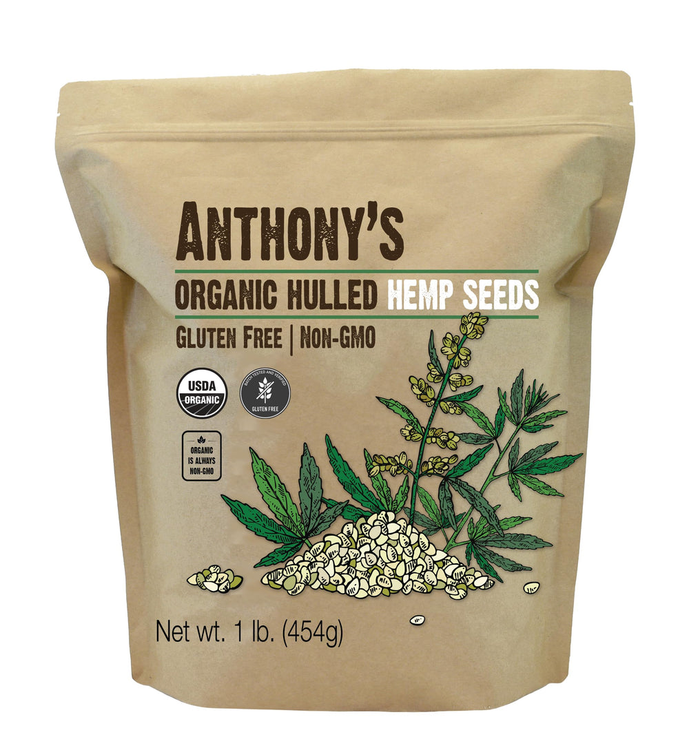 Anthony's Organic Hulled Hemp Seeds pack shot, a versatile pantry staple.
