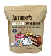 Anthony's Allulose Sweetener bottle label highlights gluten-free, keto-friendly sugar substitute for baking.