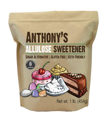 Anthony's Allulose Sweetener bottle label highlights gluten-free, keto-friendly sugar substitute for baking.