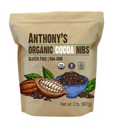 Anthony's Organic Cacao Nibs bag front, gluten-free, high-quality Criollo nibs for snacking.